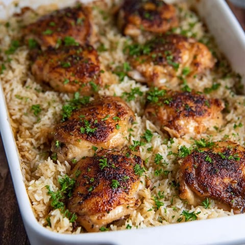 A dish of baked chicken and rice casserole.