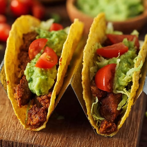 Two chicken tacos with lettuce and tomatoes.