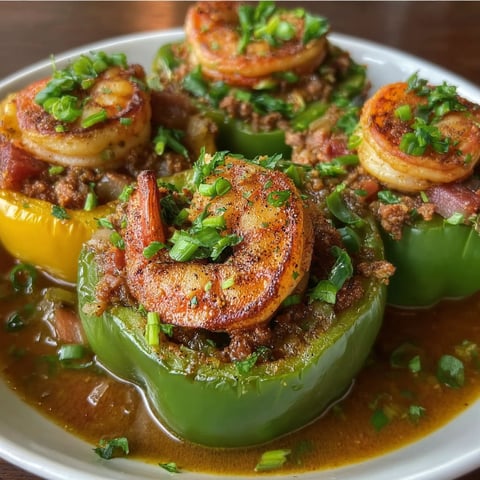 A plate of stuffed peppers with shrimp and sausage.