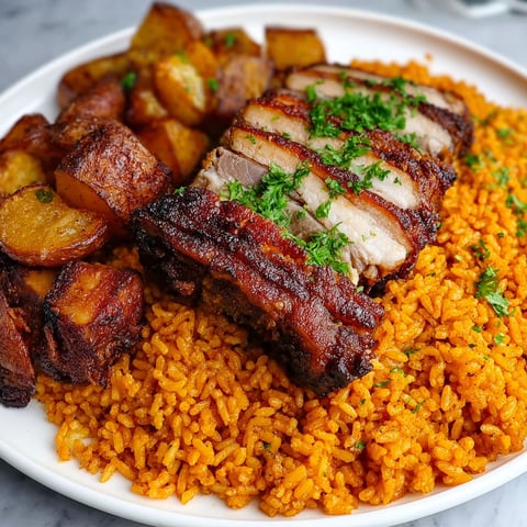 A plate of Puerto Rican roast pork with rice and potatoes.