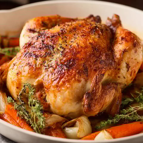 A whole roasted chicken with vegetables.