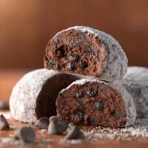 Chocolate snowball cookies on a table.