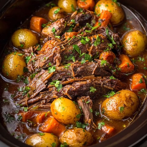 A pot roast in a crock pot with potatoes and carrots.