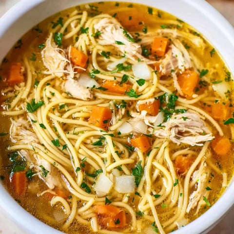 A bowl of soup with chicken and noodles.