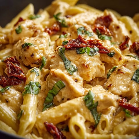 A bowl of creamy chicken penne pasta.
