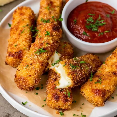 Mozzarella sticks in a bowl with a side of marinara sauce.