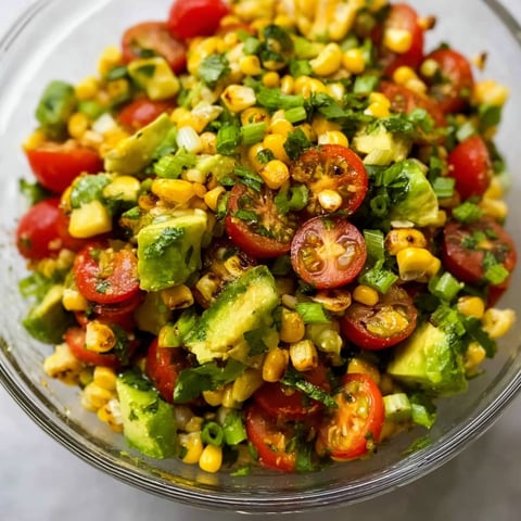 A bowl of corn salad with tomatoes and avocado.