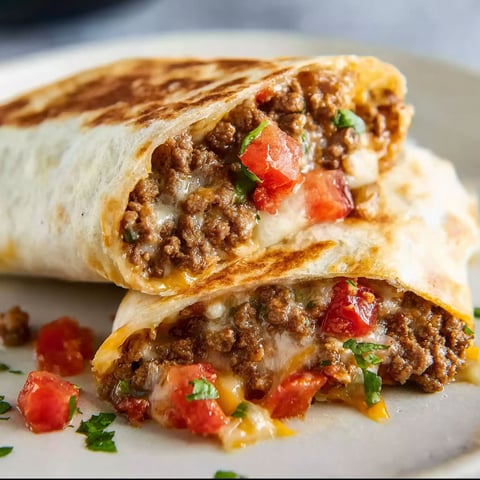 A delicious Mexican burrito with meat and tomatoes.