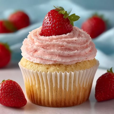 A cupcake with strawberry topping.