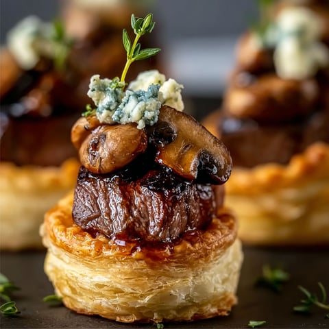Mini beef wellington bites with blue cheese and mushrooms.