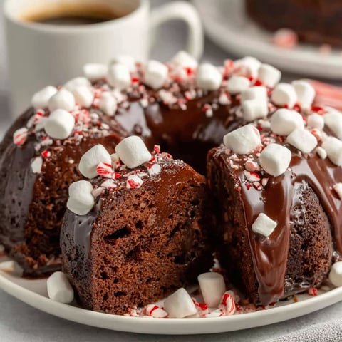 A cake with chocolate frosting and marshmallows on top.