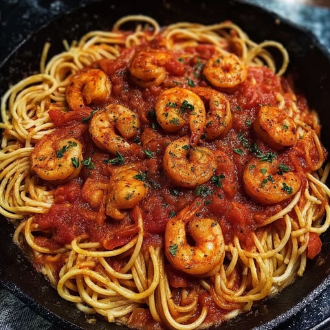 A bowl of spaghetti with shrimp and tomato sauce.