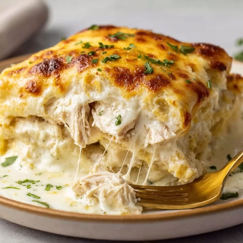 A skillet with white chicken enchiladas.