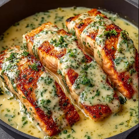 Salmon with herb and garlic cream sauce.