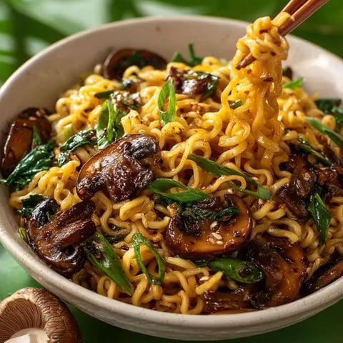 A bowl of Asian mushroom ramen noodles.