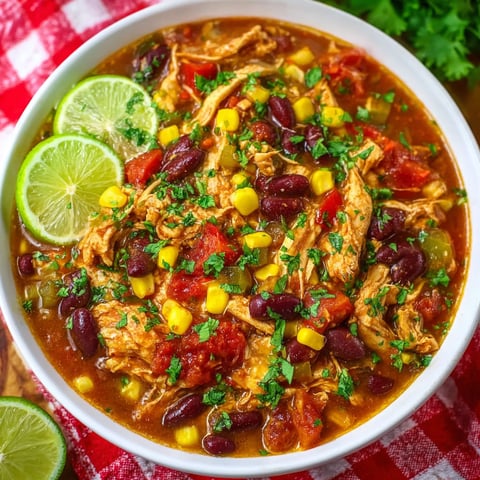 A bowl of soup with chicken, corn, and beans.