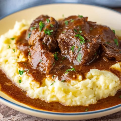 A plate of food with meat and gravy.