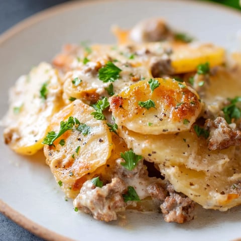 A plate of food with a crock pot potato hamburger casserole.