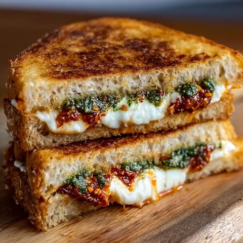 A sandwich with sun-dried tomato pesto and grilled cheese.