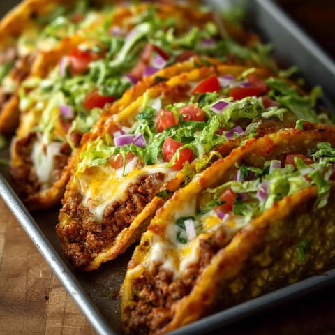 A pan of oven-baked cheesy tacos.