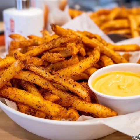 A bowl of fries with a dipping sauce.