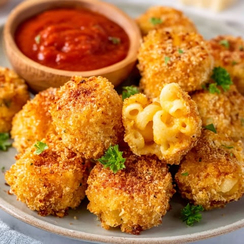 A plate of air fryer mac and cheese bites.