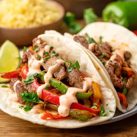 Two steak fajitas with meat, peppers, and onions.