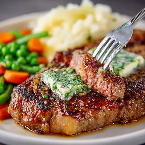 A piece of steak with butter and herbs on top.