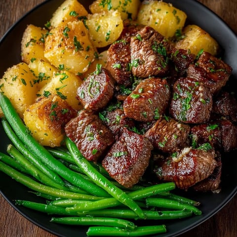 A plate of food with meat, potatoes, and green beans.
