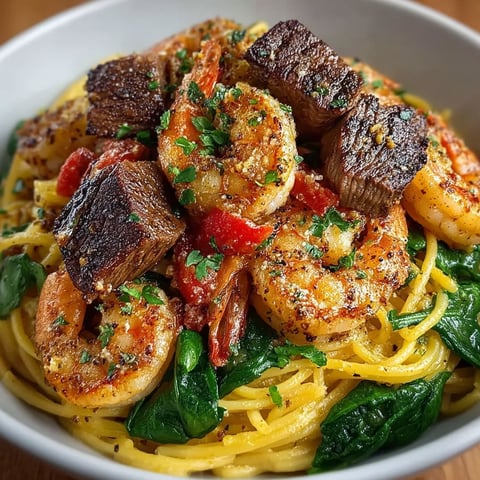 A bowl of shrimp and steak with garlic butter.