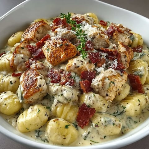 A bowl of creamy chicken gnocchi skillet.