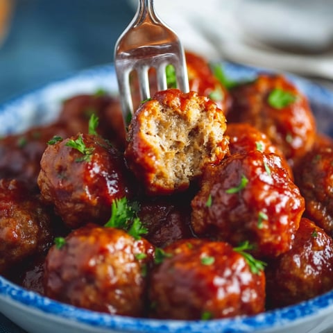 A plate of meatballs with a fork in it.