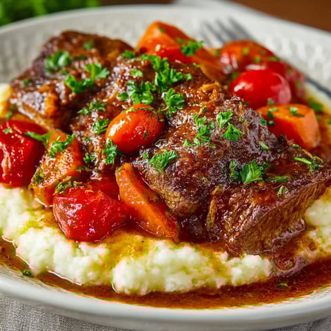 A plate of Swiss steak with tomatoes and carrots.