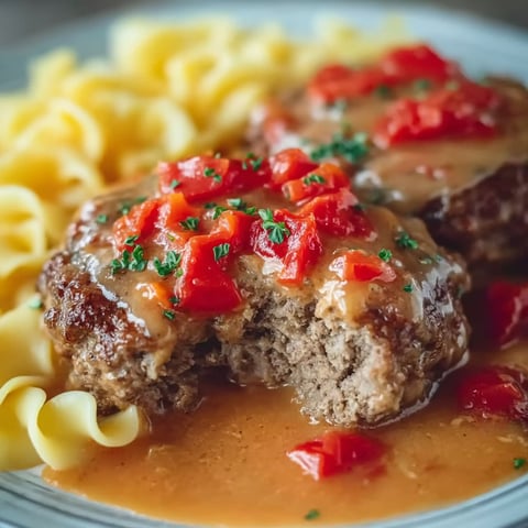 Hamburger steaks with tomato gravy on a plate.