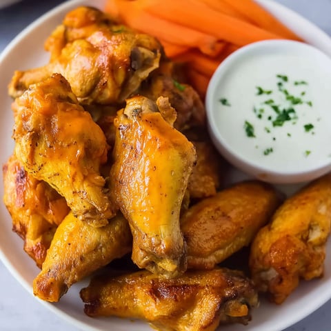 A plate of chicken wings with a side of carrots and a dip.