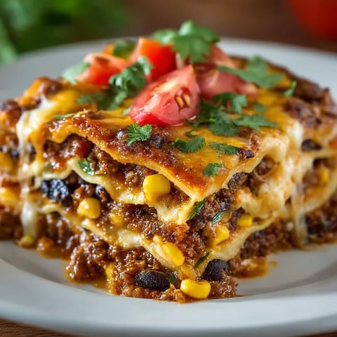 A plate of Mexican lasagna with tomatoes and corn.