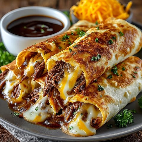 A plate of French dip tortilla roll ups.
