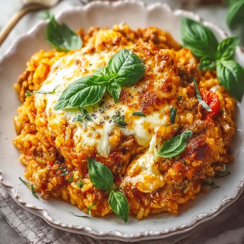 A bowl of Italian rice casserole with cheese and spinach.