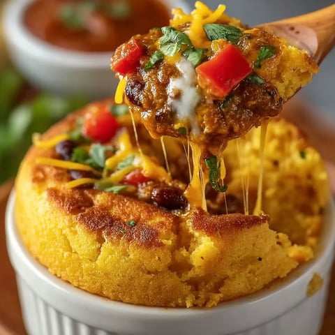 A spoon is being used to scoop chili from a pot pie.