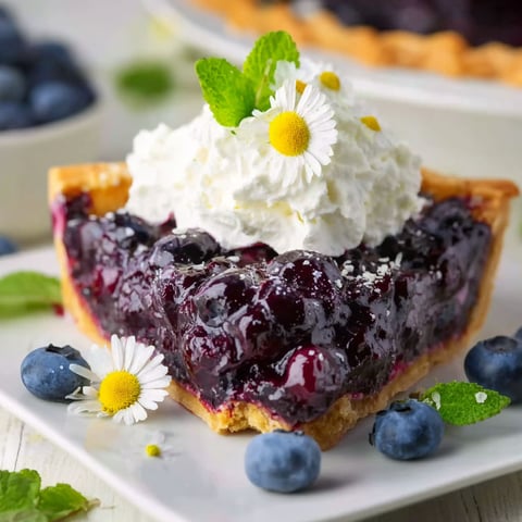A slice of blueberry jell-o pie with whipped cream on top.