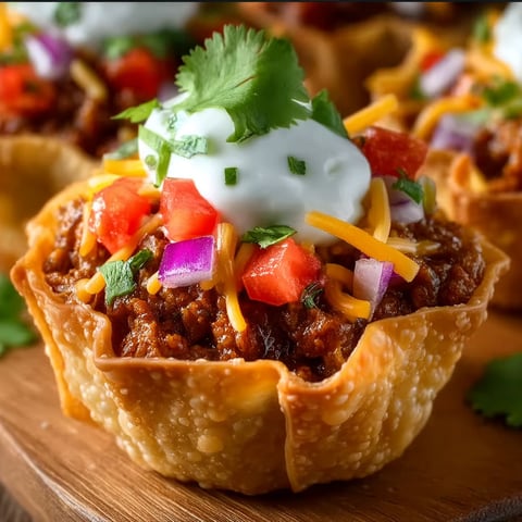 A taco cup filled with chili and cheese.