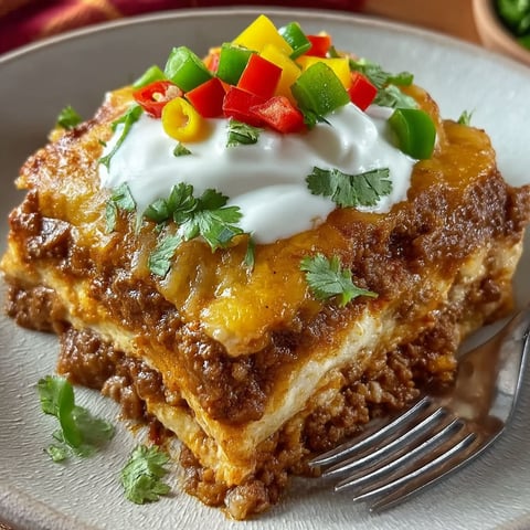 A delicious beef enchilada casserole is ready to be eaten.