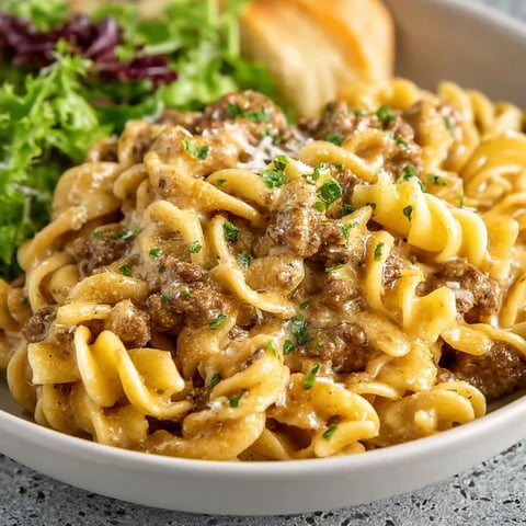 A bowl of pasta with meat and vegetables.