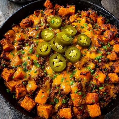 A skillet filled with chili cheese potatoes.