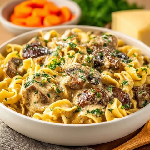 A bowl of beef stroganoff with noodles and vegetables.