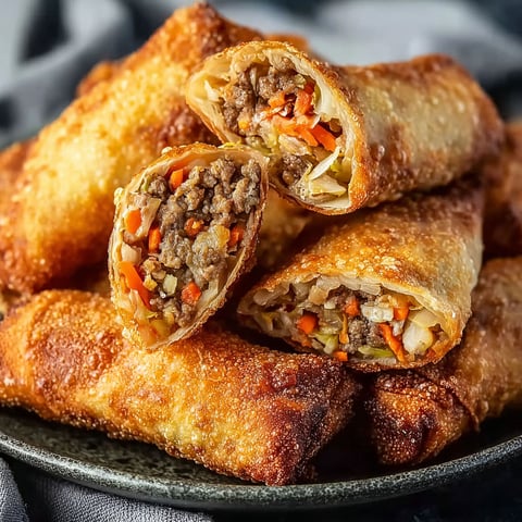 Golden brown egg rolls with carrots and meat inside.