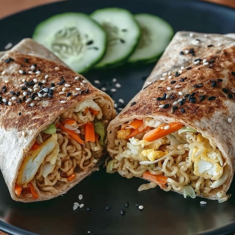 A plate with a Ramen Wrap and a slice of cucumber.