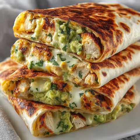 A stack of chicken burritos with cheese and avocado.