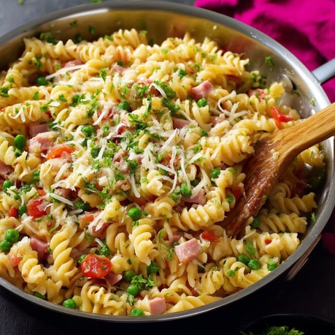 A pan of pasta with ham and peas.