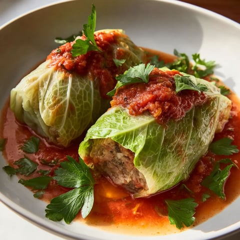 A plate of food with cabbage rolls and sauce.